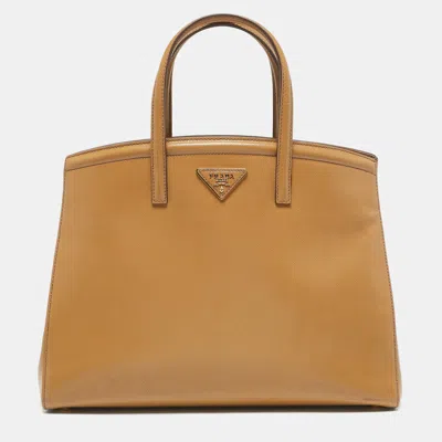 Pre-owned Prada Tan Saffiano Vernice Leather Parabole Tote