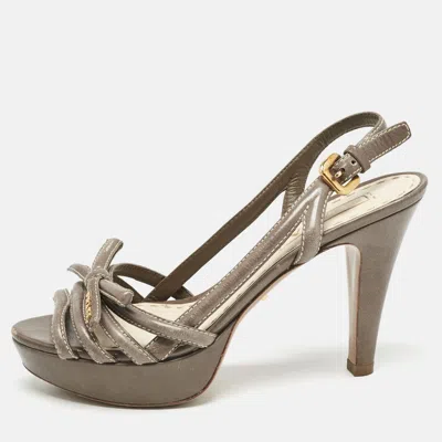 Pre-owned Prada Taupe Grey Leather Strappy Slingback Platform Sandals Size 38