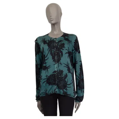 Pre-owned Prada Teal & Black Silk Floral Cardigan Sweater 44 L In Green