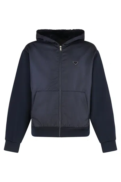 Prada Technical Cotton And Re-nylon Hoodie In Blue