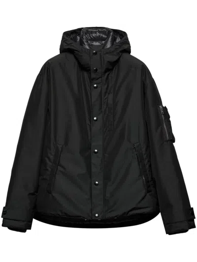 Prada Hooded Polyester Down Jacket With Multiple Pockets In Black
