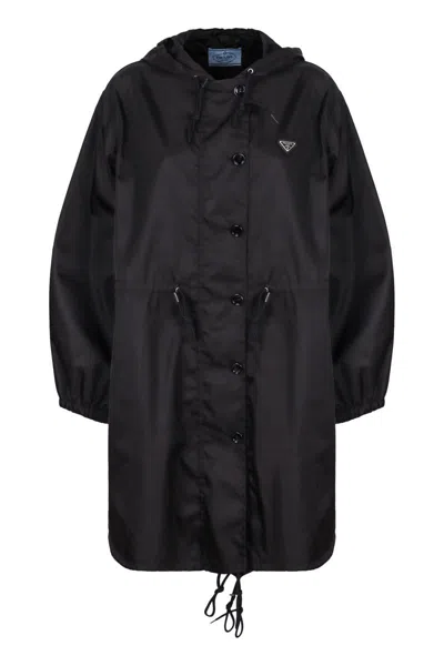 Prada Long Hooded Raincoat Featuring Drawstring Hem In Black