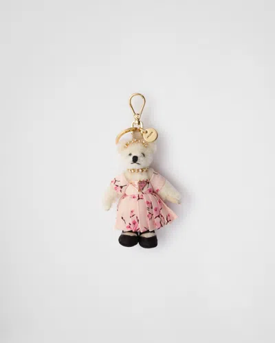 Prada Teddy Bag Charm With Metal Ring In Weiss