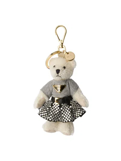 Prada Teddy Bag Charm With Metal Ring In White