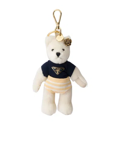 Prada Teddy Bear Key Ring Charm With Metal Ring In White/ginista