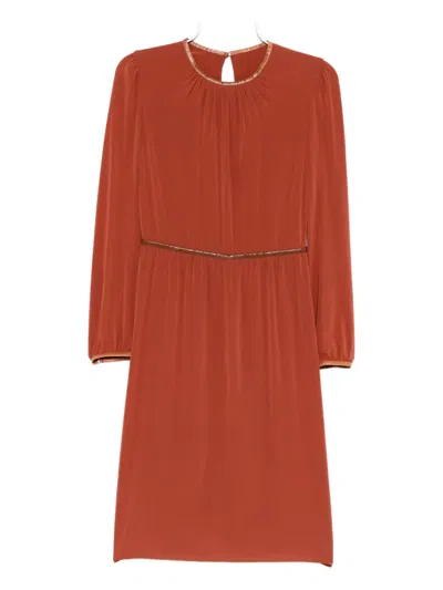Pre-owned Prada Terracotta Leather Trim Long Sleeve Dress In Red