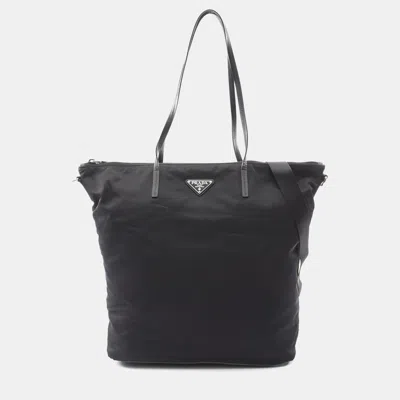Pre-owned Prada Tessuto Black Nylon Saffiano Leather Tote Bag