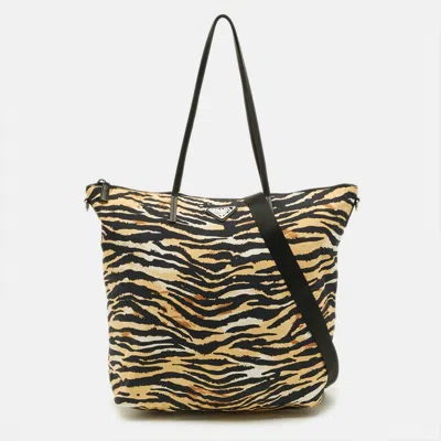 Pre-owned Prada Tessuto Black/beige Animal Print Nylon And Leather Tote