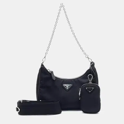 Pre-owned Prada Tessuto Chain Strap Hobo Bag (1bh204) In Black