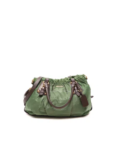 Pre-owned Prada Tessuto Gaufre Ricamo Tote Bag In Green