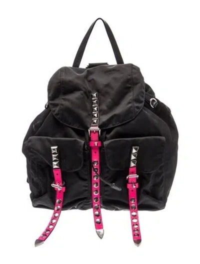 Pre-owned Prada Tessuto New Vela Studded Backpack In Black