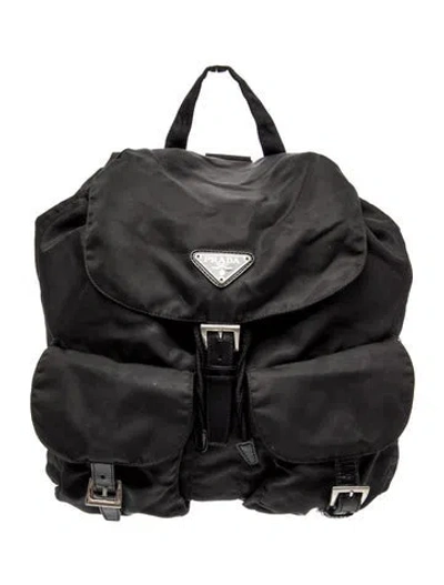 Pre-owned Prada Tessuto Nylon Enameled Metal Triangle Backpack In Black