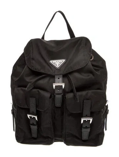 Pre-owned Prada Tessuto Nylon Enameled Metal Triangle Vela Re-nylon Backpack In Black