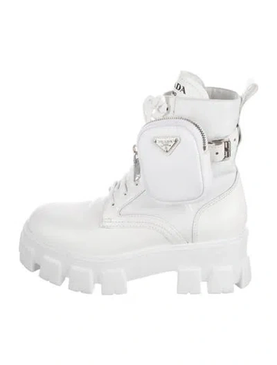 Pre-owned Prada Tessuto Nylon Leather Combat Boots In White