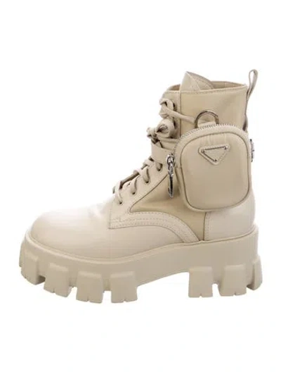 Pre-owned Prada Tessuto Nylon Leather Lace-up Boots In Neutrals