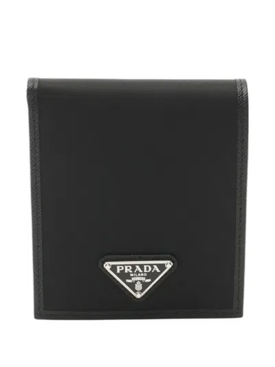 Pre-owned Prada Tessuto Saffiano Bi-fold Wallet In Black