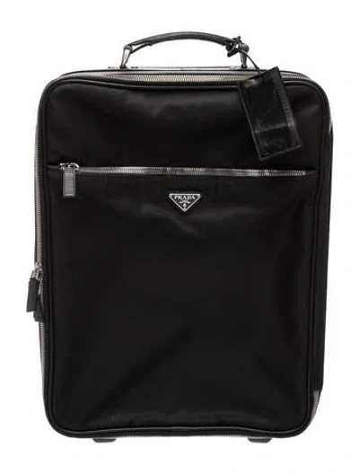Pre-owned Prada Tessuto Saffiano-trimmed Rolling Suitcase In Black