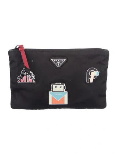 Pre-owned Prada Tessuto Smalto Nylon Robot Pouch In Black