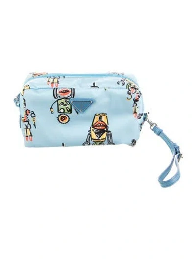 Pre-owned Prada Tessuto Stampata Robo Cosmetic Pouch In Blue
