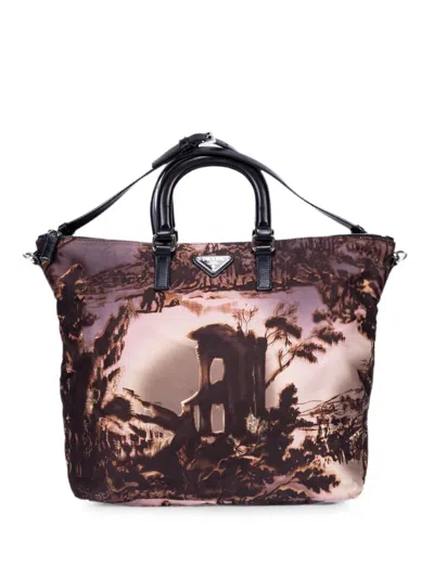 Pre-owned Prada Tessuto Temple Print Tote Bag In Brown