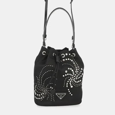 Pre-owned Prada Test Black Nylon Crystals Studs Bucket Bag