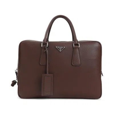 Prada Textured Leather Briefcase With Polished Hardware In Brown