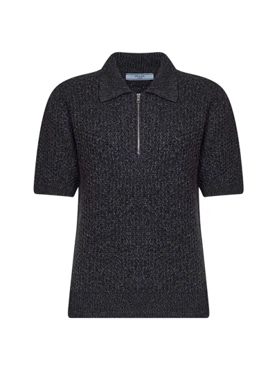 Prada Textured Melange Viscose Knit Polo Sweater In Brown