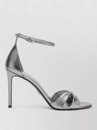 Prada Textured Stiletto Heel Sandals Open Toe In Silver