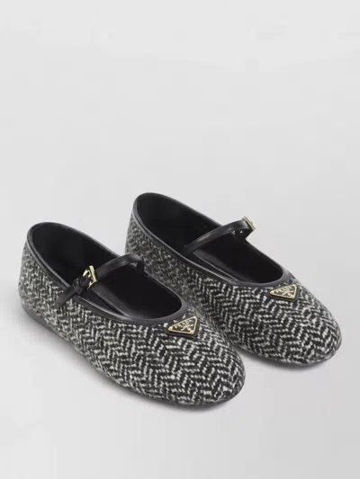 Prada Triangle Logo Textured Wool Ballet Flats In Black