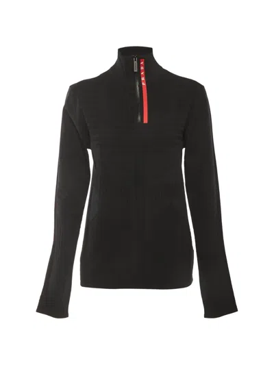 Pre-owned Prada Textured-knit Quarter-zip Sweater In Black