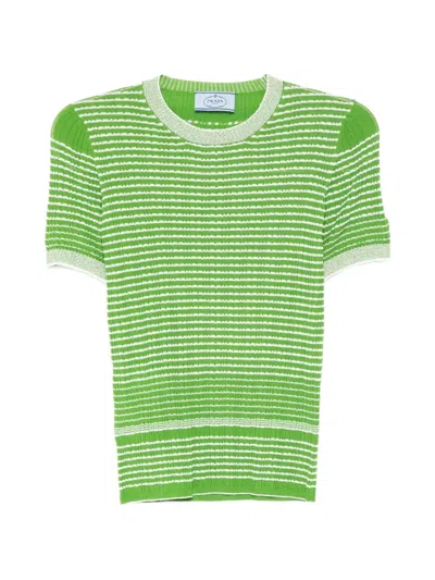 Pre-owned Prada Textured-knit Short-sleeve Top In Green
