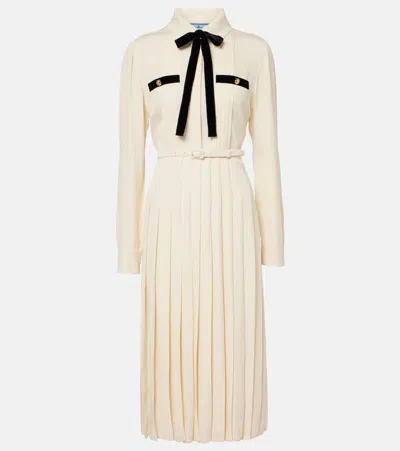 Prada Tie-neck Pleated Belted Shirt Dress In White