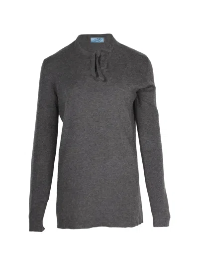 Pre-owned Prada Tie-detail Knit Sweater In Gray