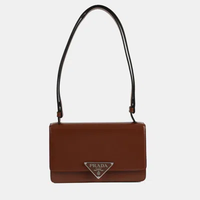 Pre-owned Prada Tobacco Brushed Leather Emblem Shoulder Bag In Brown