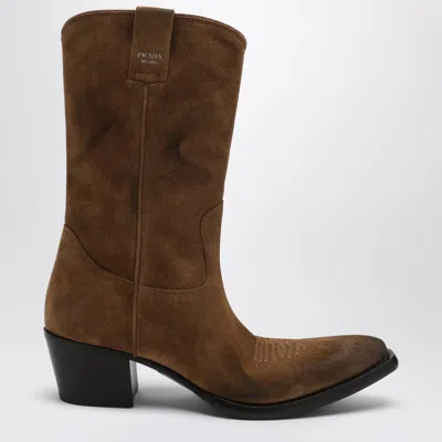 Prada Tobacco Colored Suede Ankle Boots In Brown