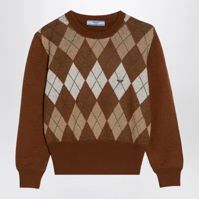 Prada Tobacco-coloured Sweater With Argyle Pattern Women In Tabacco