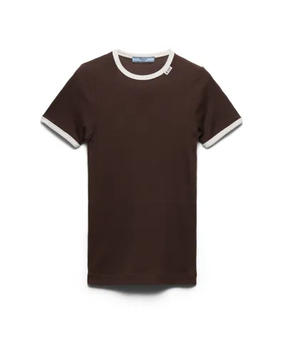 Prada Ribbed-knit Ringer T-shirt In Brown