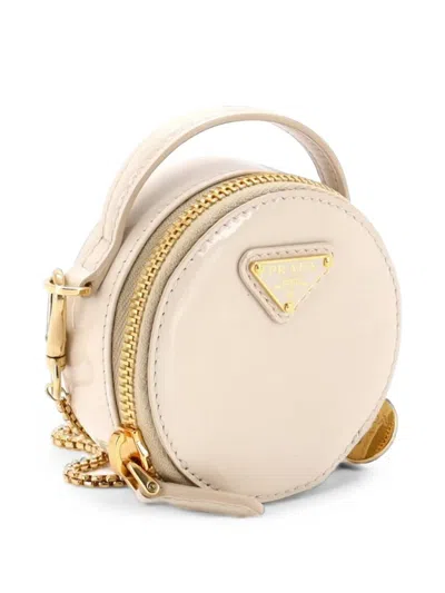 Pre-owned Prada Top Handle Round With Chain Patent Mini Clutch Bag In Neutrals
