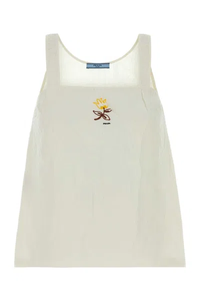 Prada Linen Top Adjustable Straps Square Neckline In White