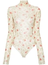Prada Poppy Print Turtleneck Bodysuit In Red