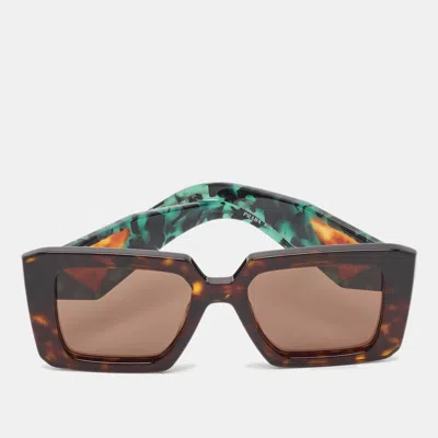Pre-owned Prada Tortoise Brown/green Spr 23y Symbole Square Sunglasses