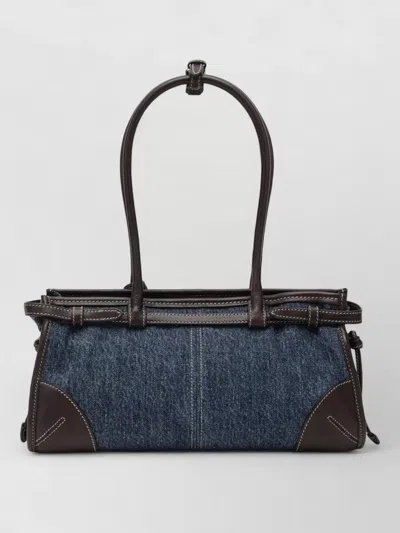 Prada Tote Bag Adjustable Strap Leather Accents In Blue