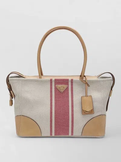 Prada Tote Bag Contrast Stitching Striped Pattern Leather Trim