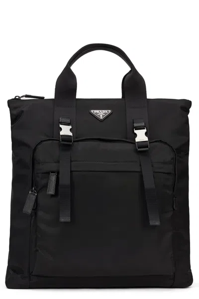Prada Mini Tote Handbag In Recycled Nylon And Leather In Black