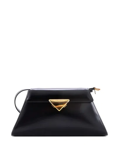 Pre-owned Prada Trapezoid Flap Brushed Leather Shoulder Bag In Black
