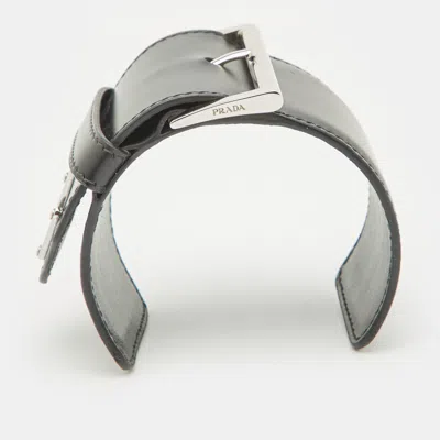 Pre-owned Prada Triangle Black Leather Silver Tone Wide Open Cuff Bracelet