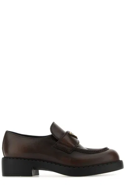 Prada Triangle-logo Leather Loafers In Brown