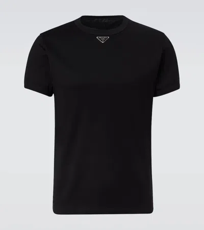 Prada Triangle Cotton Jersey T-shirt In Black