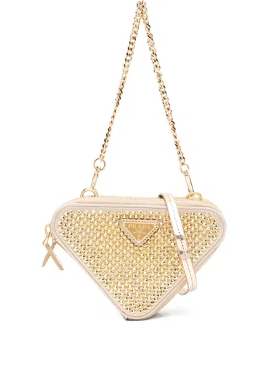Pre-owned Prada Triangle Crystal-embellished Crossbody Bag In Gold