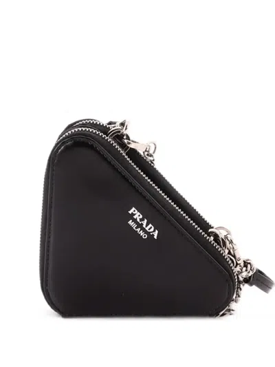 Pre-owned Prada Triangle Double Pouch Crystal Embellished Satin Mini Crossbody Bag In Black